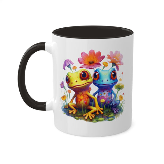 Two Cute Little Frogs Sitting With Flowers - 11 oz Colorful Coffee Mug