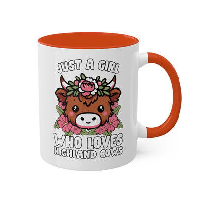 Solo una chica que ama las vacas de las Tierras Altas con flores rosas - Taza colorida de 11 oz