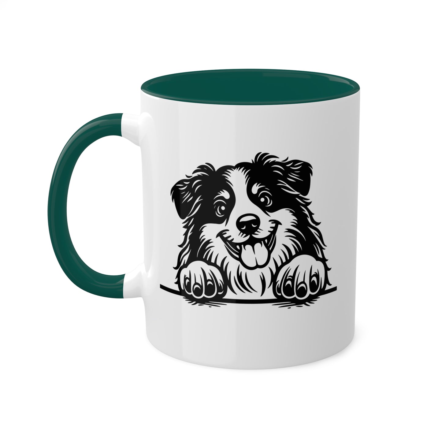 Taza de café colorida de 11 oz con cara de perro pastor americano en miniatura