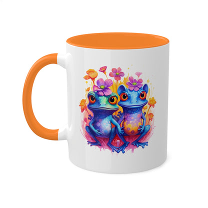 Two Cute Blue Little Frogs With Flowers - 11 oz Colorful Coffee Mug