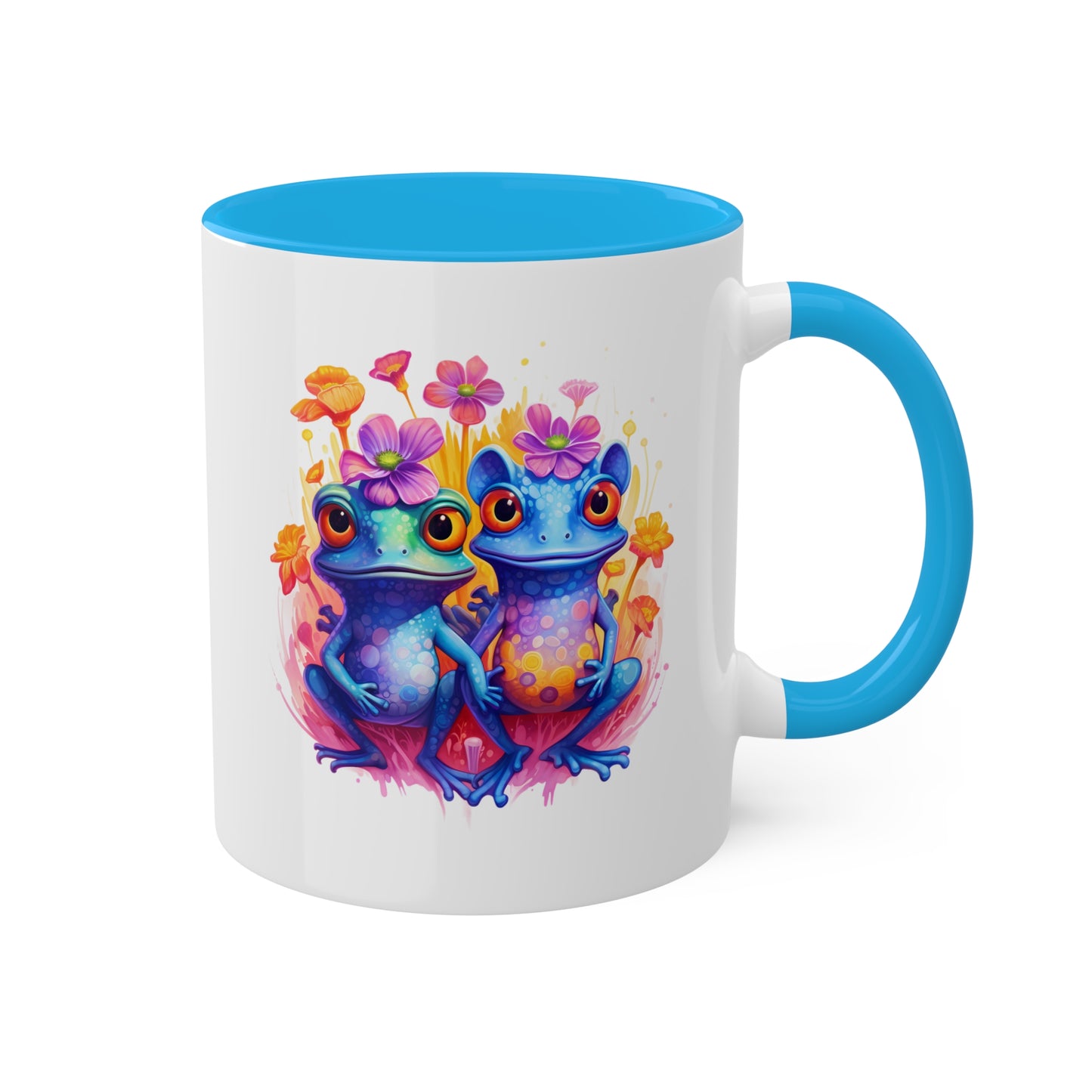 Two Cute Blue Little Frogs With Flowers - 11 oz Colorful Coffee Mug