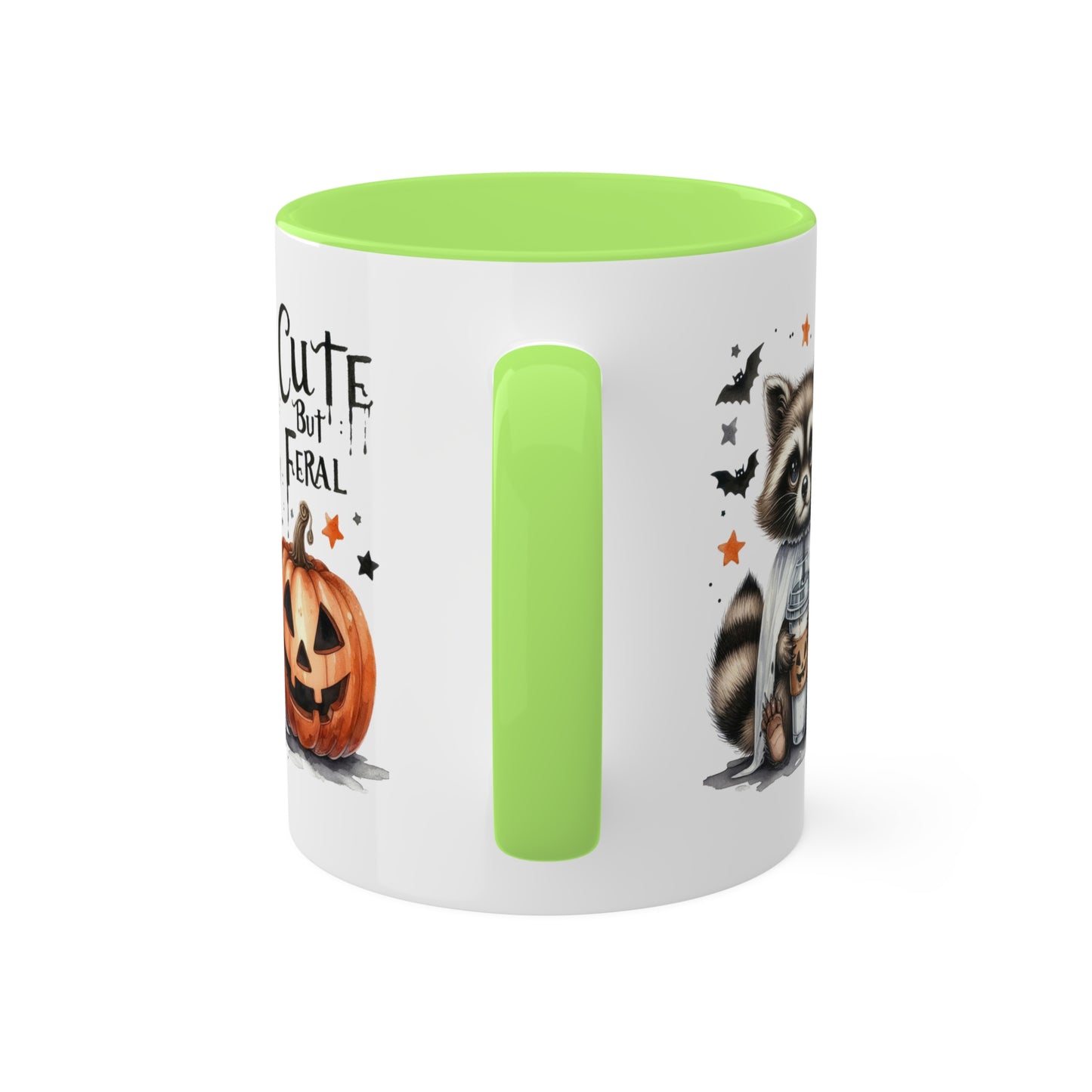 Cute But Feral - Adorable Raccoon with Latte And Pumpkin - 11oz Colorful Halloween Mug