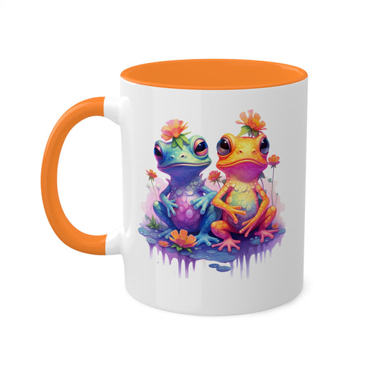 Cute Orange And Blue Frogs With Flowers - 11oz Colorful & Fun Mug