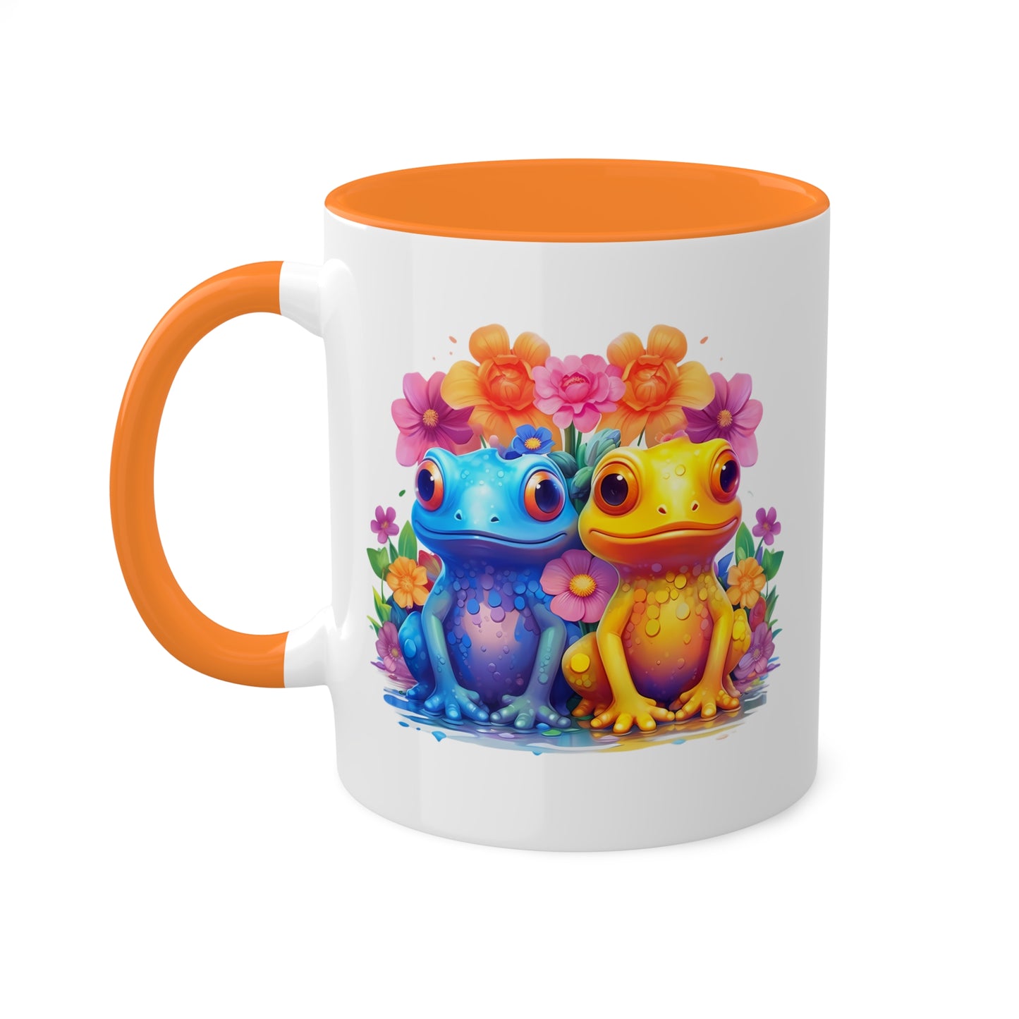 Dos adorables ranitas sentadas en un jardín - Taza de café colorida de 11 oz