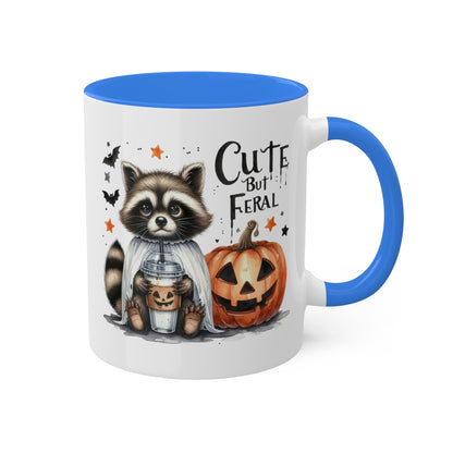 Cute But Feral - Adorable Raccoon with Latte And Pumpkin - 11oz Colorful Halloween Mug