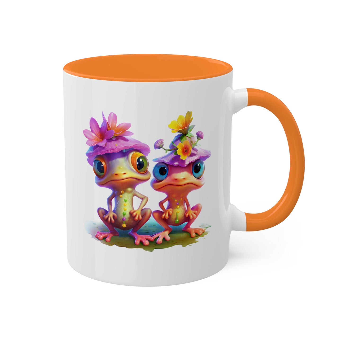 Two Adorable Little Frogs With Pretty Flowers - 11 oz Colorful Coffee Mug