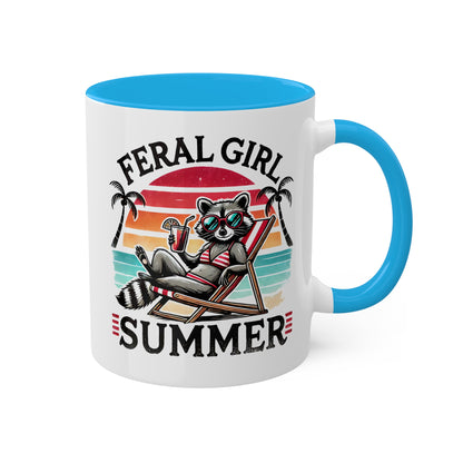 Feral Girl Summer With Adorable Raccoon In Bikini - 11oz Colorful Mug