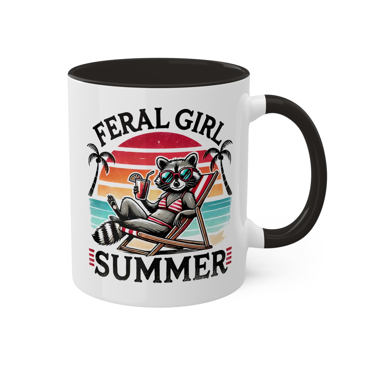 Feral Girl Summer With Adorable Raccoon In Bikini - 11oz Colorful Mug