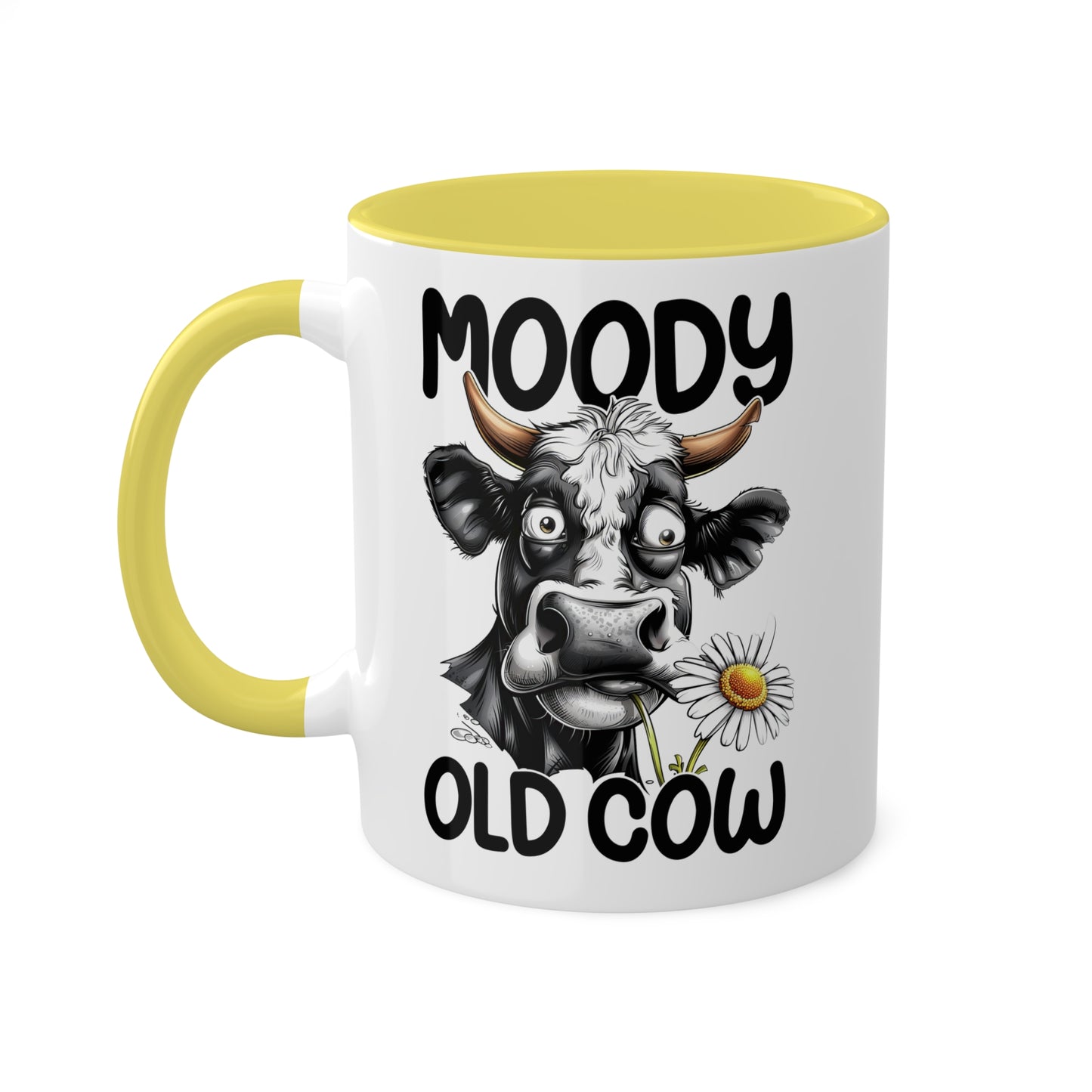 Taza de café divertida y colorida de 11 oz con la frase "Moody Old Cow"