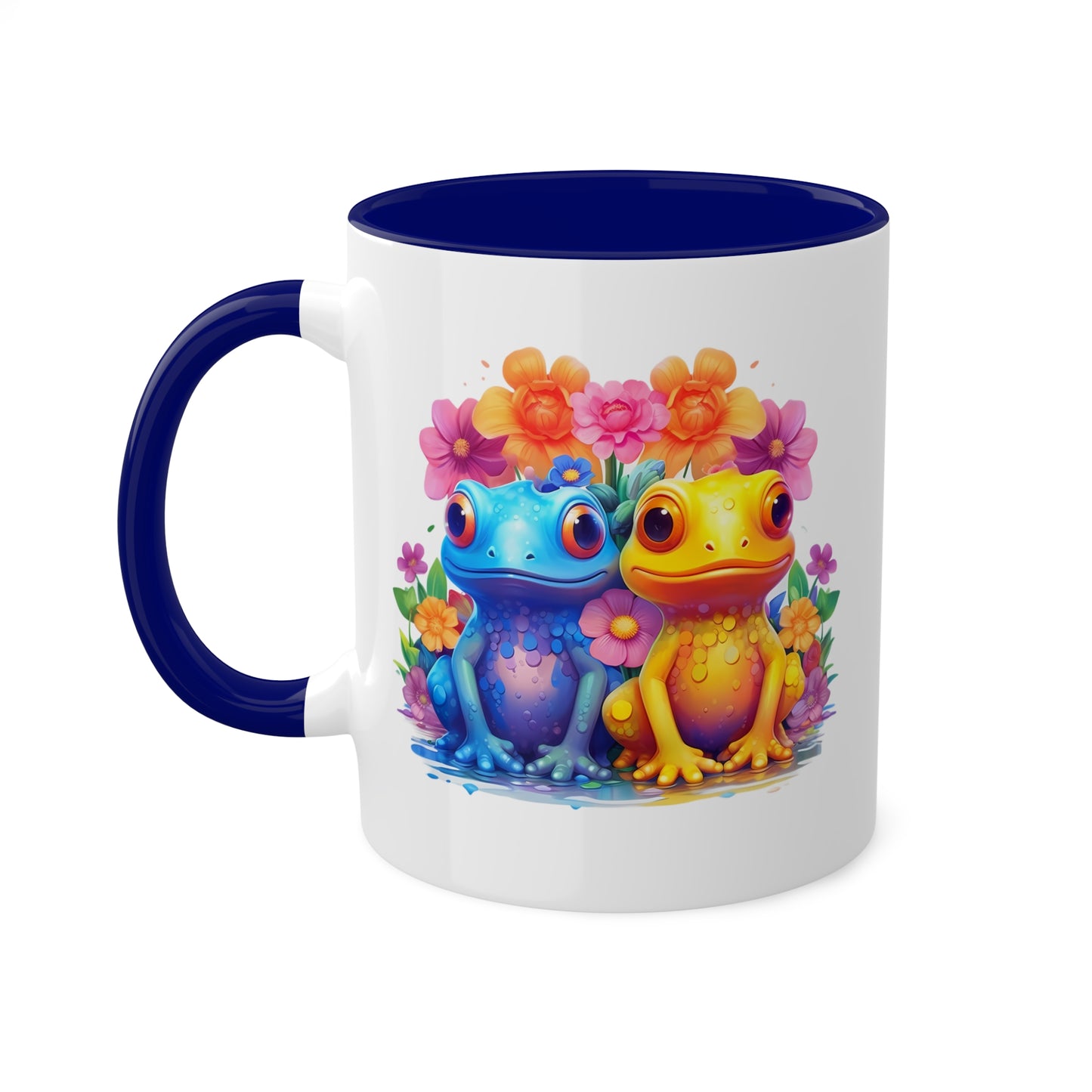 Dos adorables ranitas sentadas en un jardín - Taza de café colorida de 11 oz