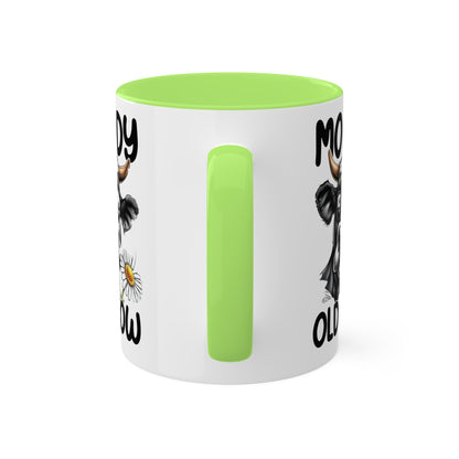 Taza de café divertida y colorida de 11 oz con la frase "Moody Old Cow"