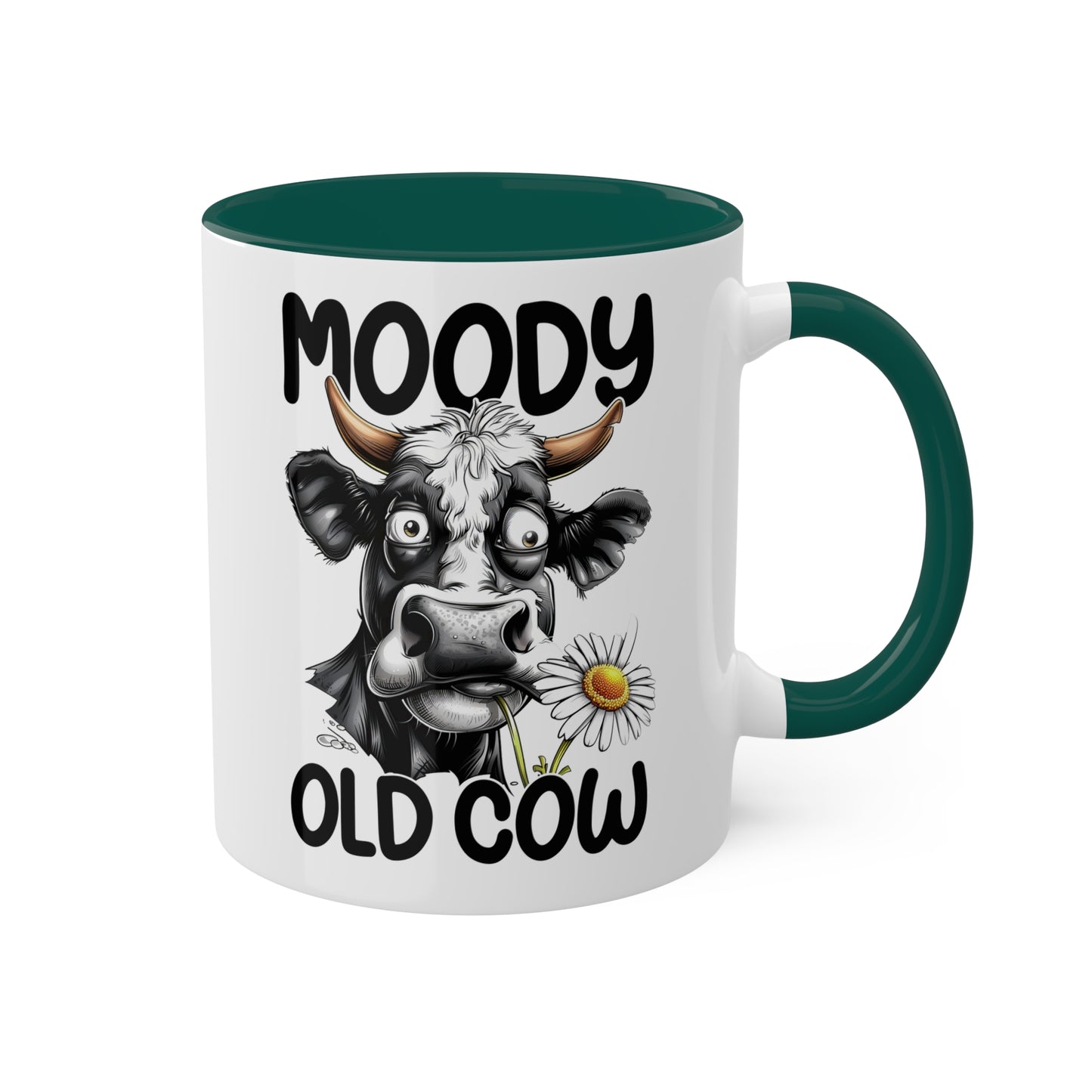 Taza de café divertida y colorida de 11 oz con la frase "Moody Old Cow"