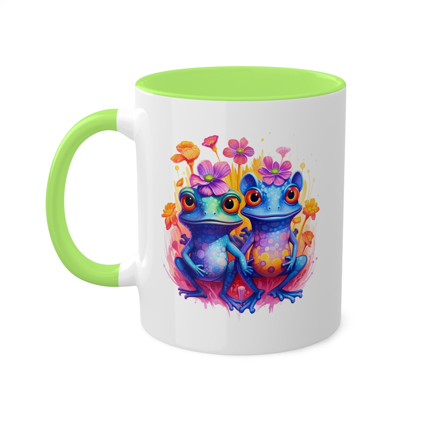 Two Cute Blue Little Frogs With Flowers - 11 oz Colorful Coffee Mug