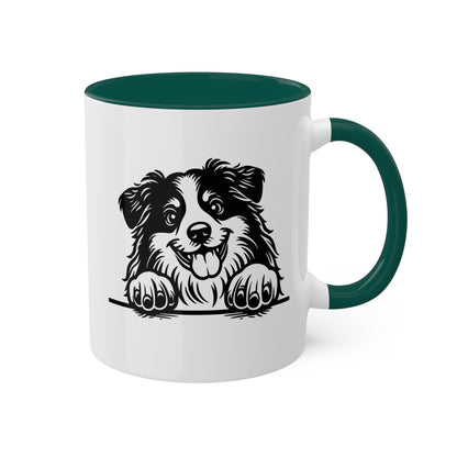 Taza de café colorida de 11 oz con cara de perro pastor americano en miniatura