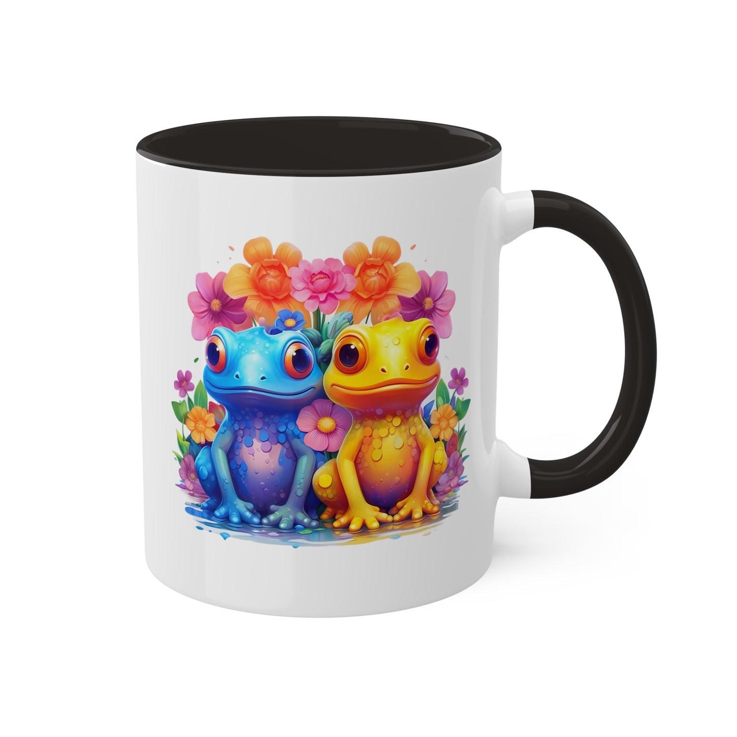 Dos adorables ranitas sentadas en un jardín - Taza de café colorida de 11 oz