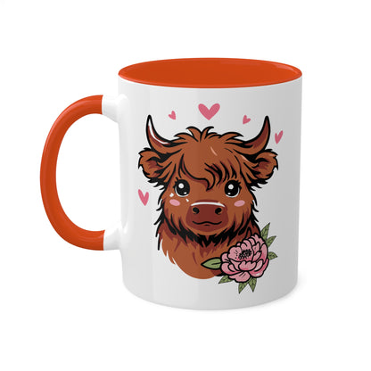 Cute Highland Cow With Flower and Pink Hearts - 11oz Colorful Mug