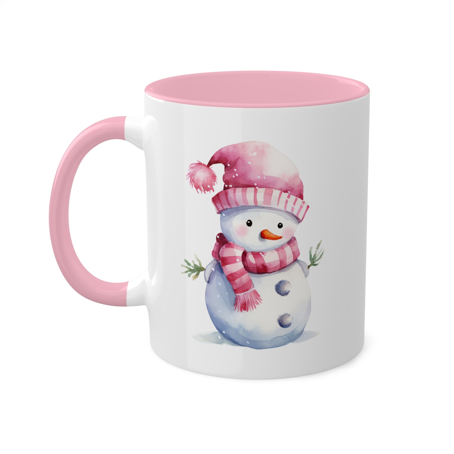 Lindo muñeco de nieve navideño rosa con sombrero - Taza de regalo navideña de 11 oz