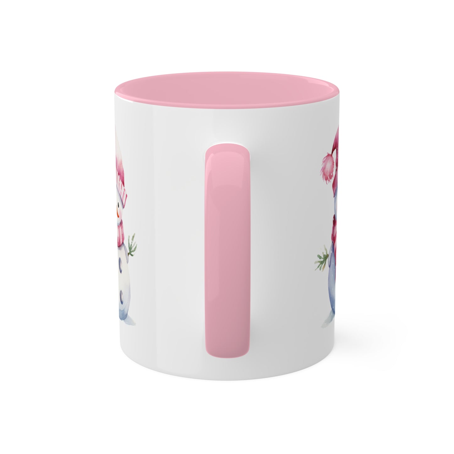 Lindo muñeco de nieve navideño rosa con sombrero - Taza de regalo navideña de 11 oz