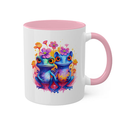 Two Cute Blue Little Frogs With Flowers - 11 oz Colorful Coffee Mug