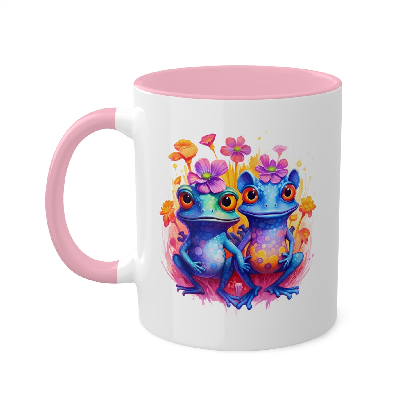 Two Cute Blue Little Frogs With Flowers - 11 oz Colorful Coffee Mug