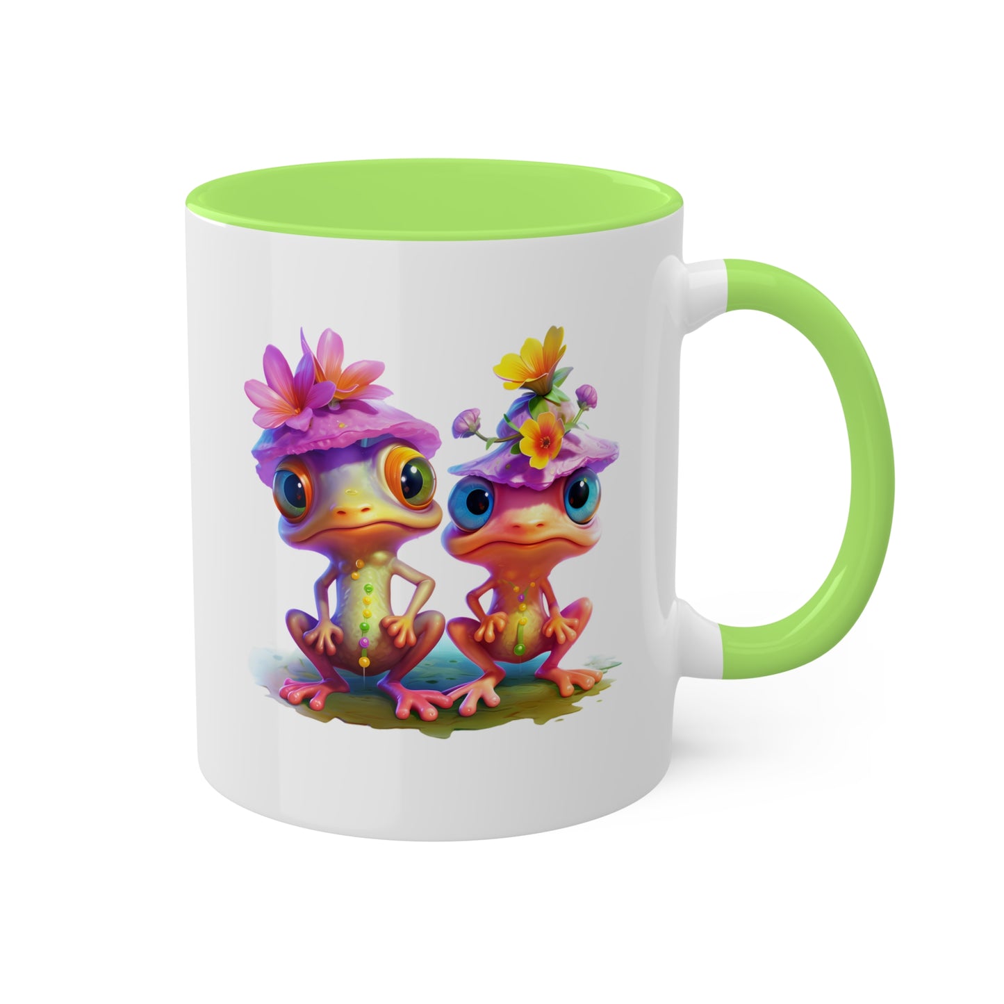 Two Adorable Little Frogs With Pretty Flowers - 11 oz Colorful Coffee Mug