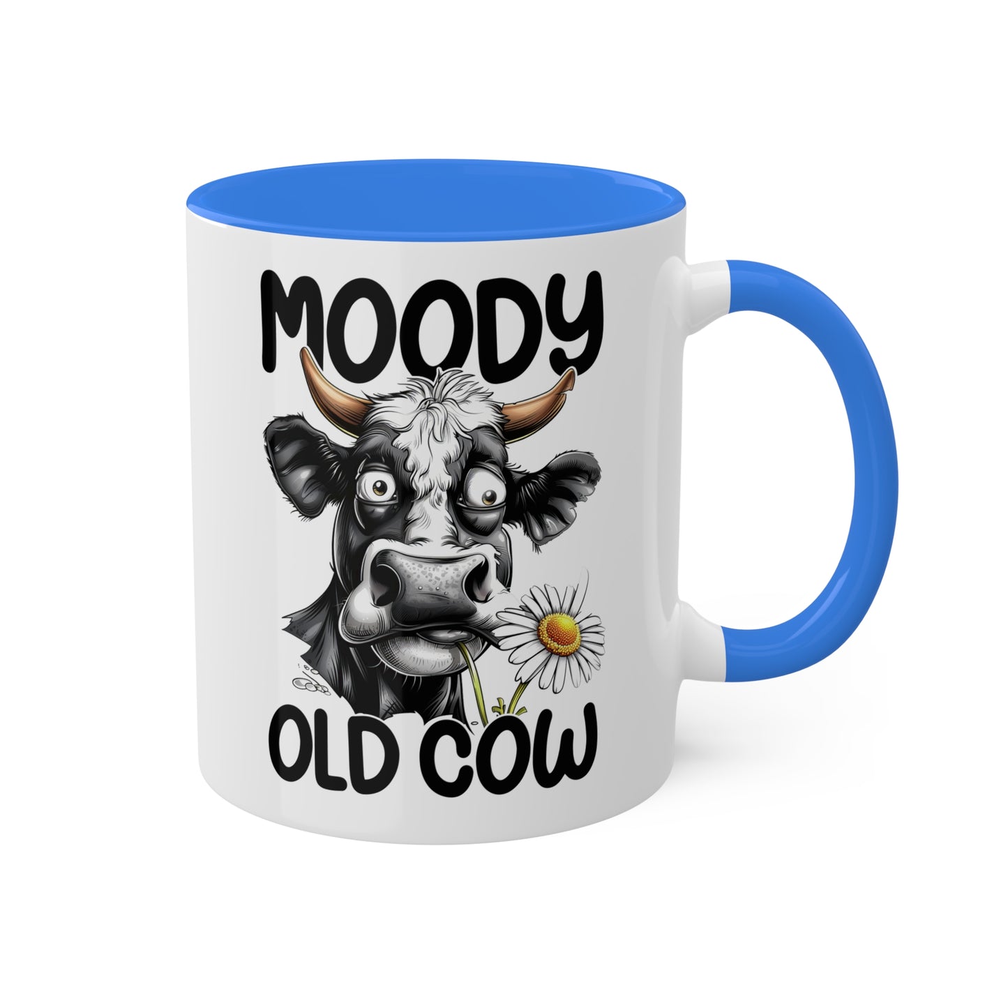 Taza de café divertida y colorida de 11 oz con la frase "Moody Old Cow"