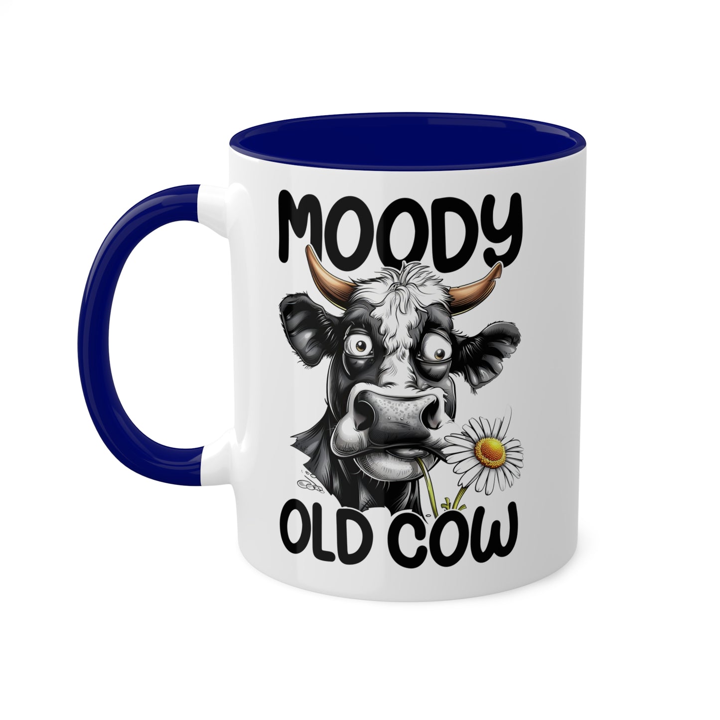 Taza de café divertida y colorida de 11 oz con la frase "Moody Old Cow"