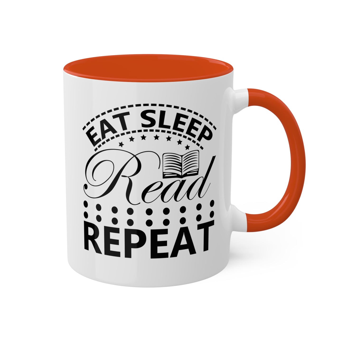 Taza divertida y colorida de 11 oz que dice "Come, duerme, lee y repite"