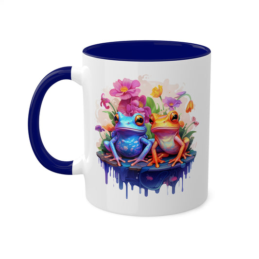 Cute Little Frogs Sitting With Pretty Flowers - 11oz Colorful & Fun Mug