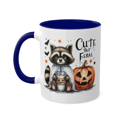 Cute But Feral - Adorable Raccoon with Latte And Pumpkin - 11oz Colorful Halloween Mug