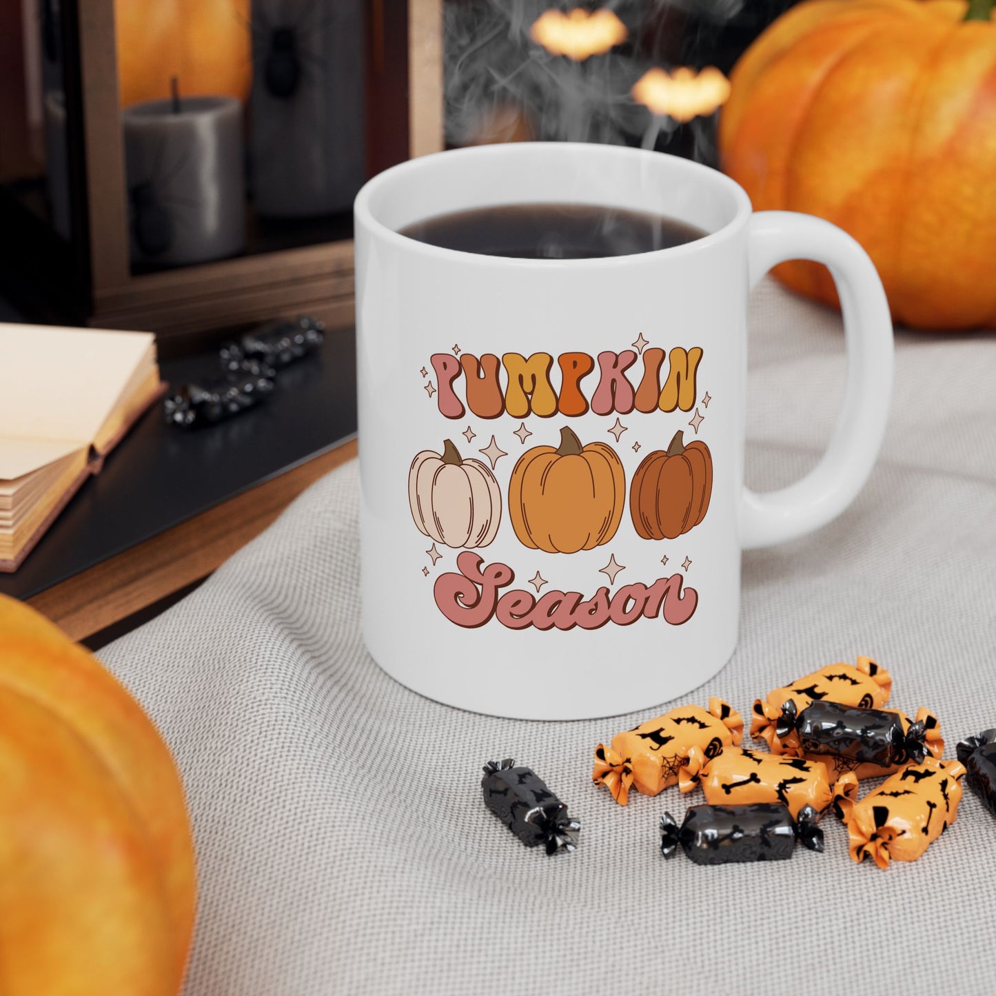 Taza de café con motivo de la temporada de calabazas y Acción de Gracias (11 oz, 15 oz)