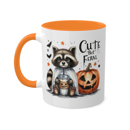 Cute But Feral - Adorable Raccoon with Latte And Pumpkin - 11oz Colorful Halloween Mug