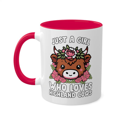 Solo una chica que ama las vacas de las Tierras Altas con flores rosas - Taza colorida de 11 oz