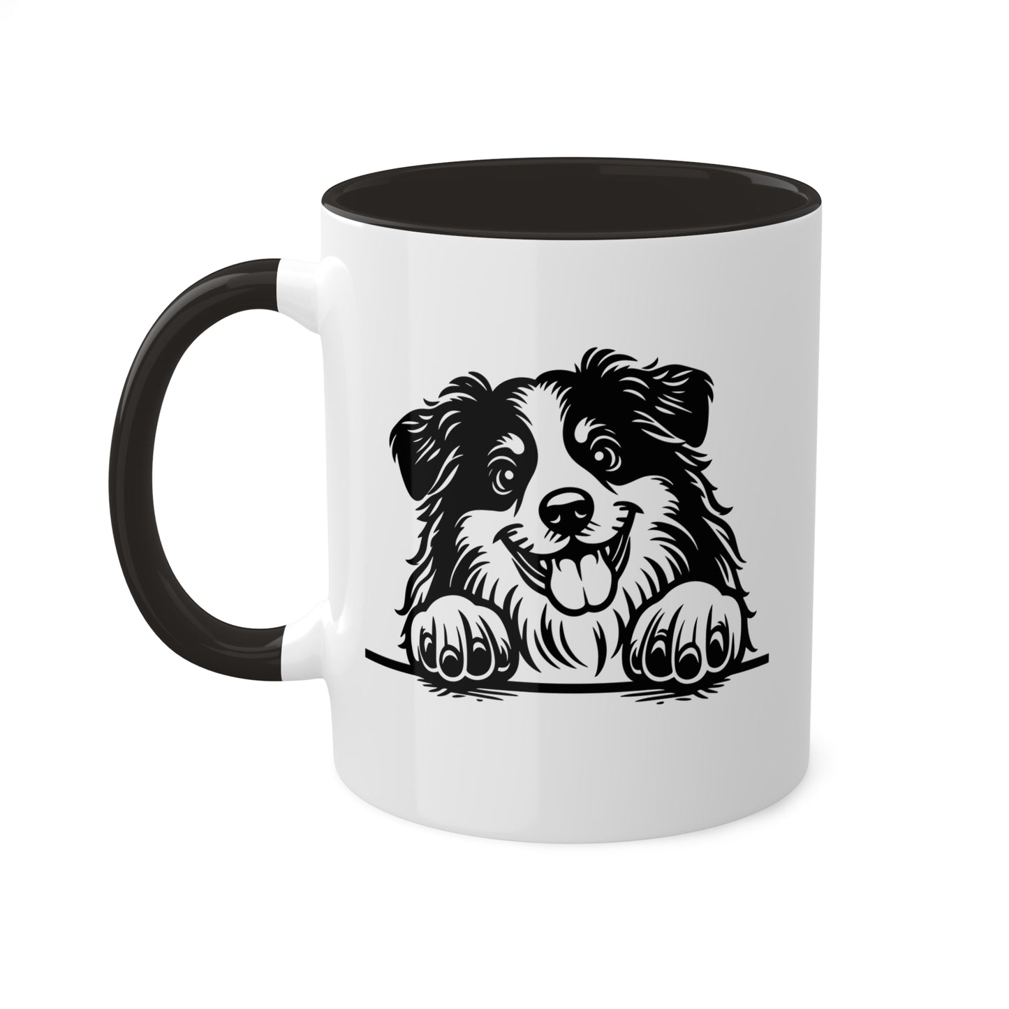 Taza de café colorida de 11 oz con cara de perro pastor americano en miniatura