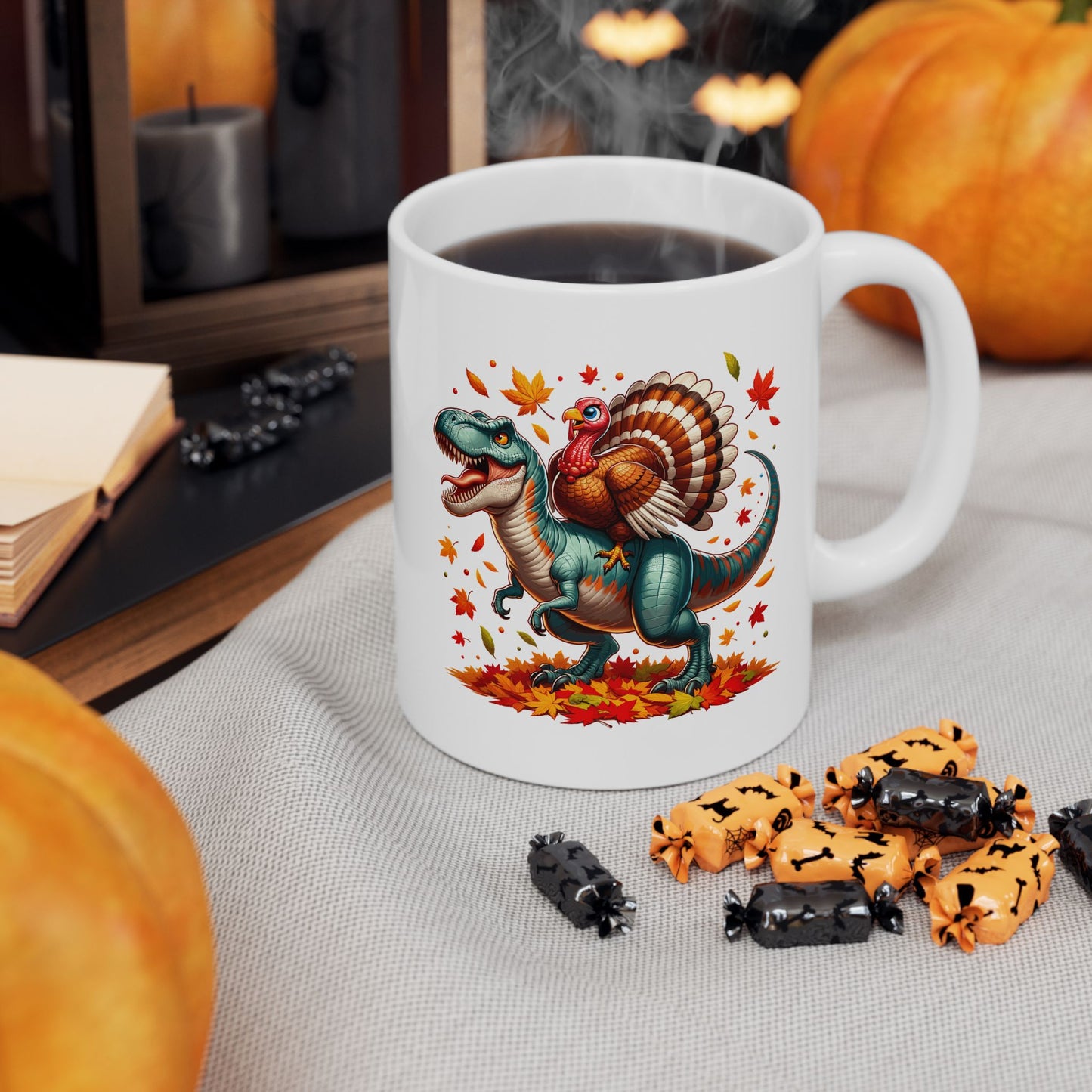 Dinosaur Turkey - Fall Pattern Thanksgiving Coffee Gift Mug (11oz, 15oz)