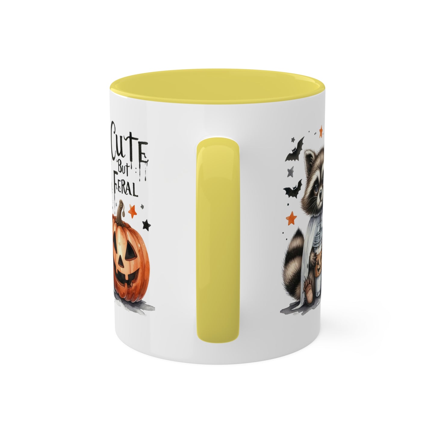 Cute But Feral - Adorable Raccoon with Latte And Pumpkin - 11oz Colorful Halloween Mug