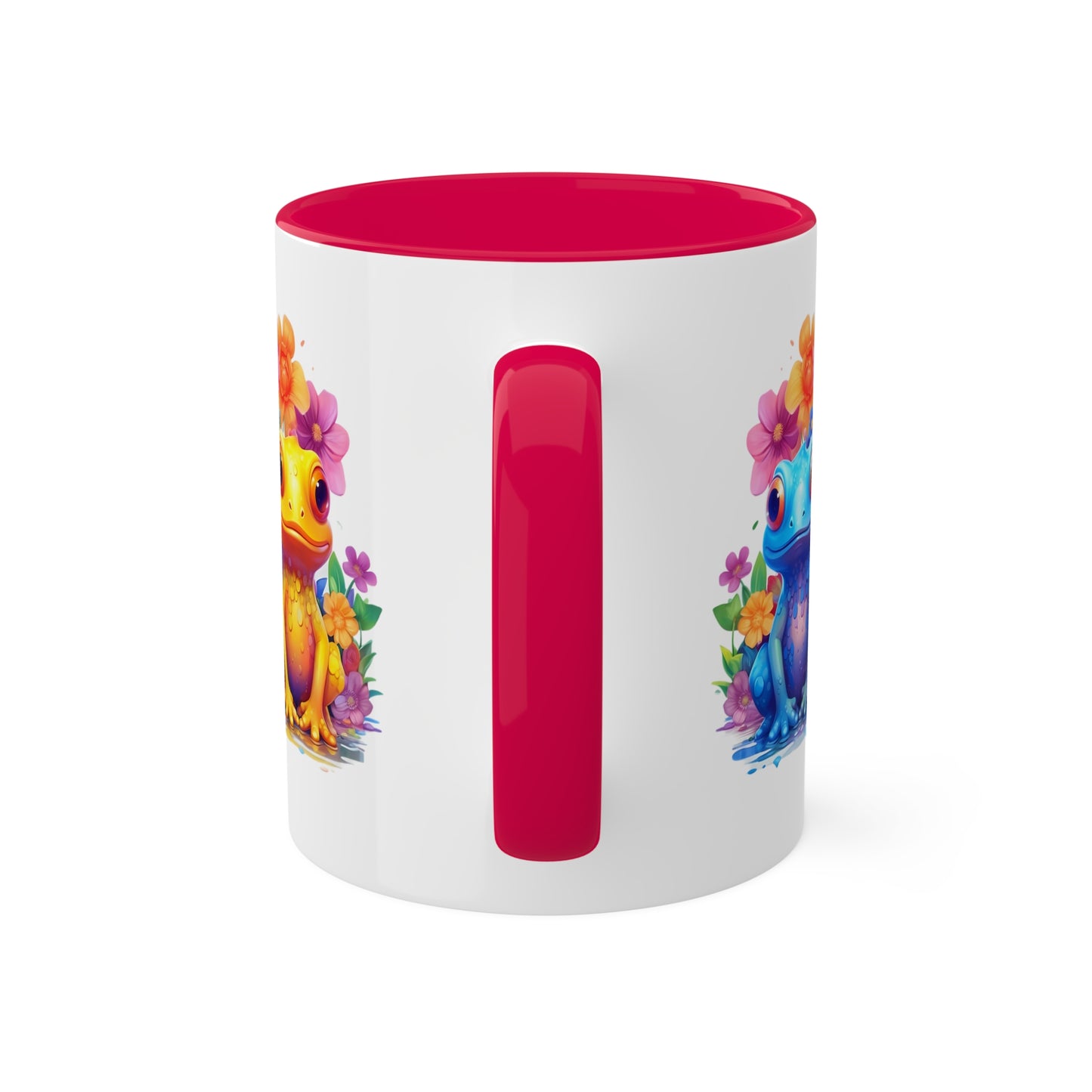 Dos adorables ranitas sentadas en un jardín - Taza de café colorida de 11 oz