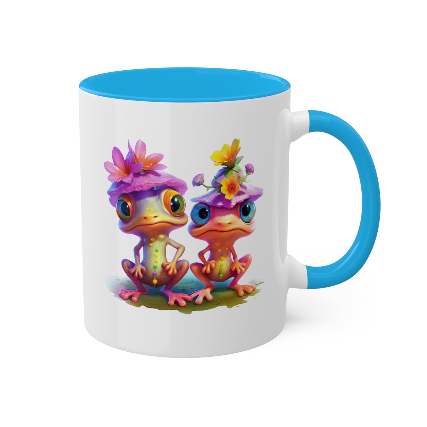 Two Adorable Little Frogs With Pretty Flowers - 11 oz Colorful Coffee Mug