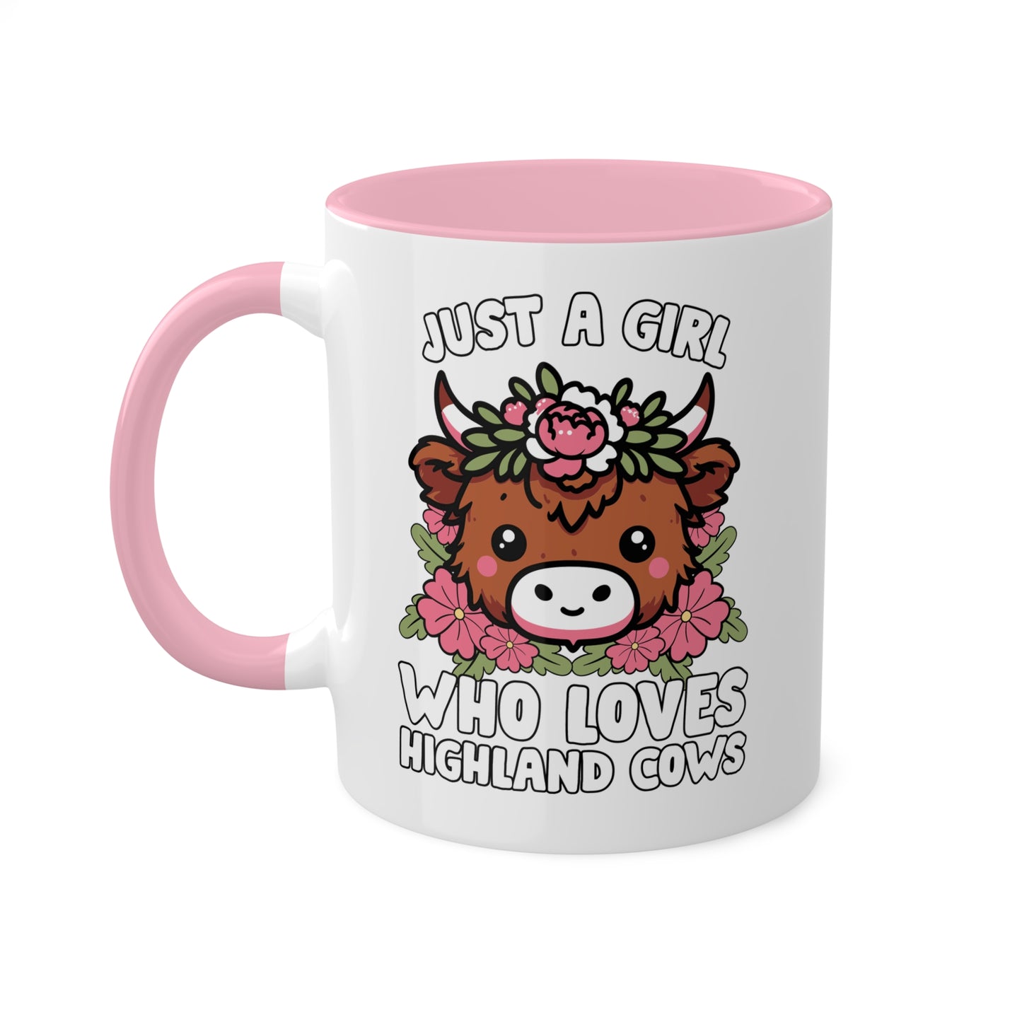 Solo una chica que ama las vacas de las Tierras Altas con flores rosas - Taza colorida de 11 oz