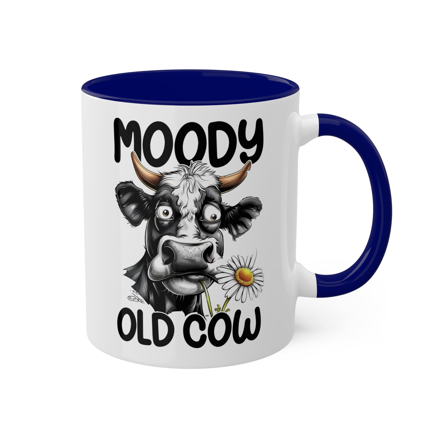 Taza de café divertida y colorida de 11 oz con la frase "Moody Old Cow"