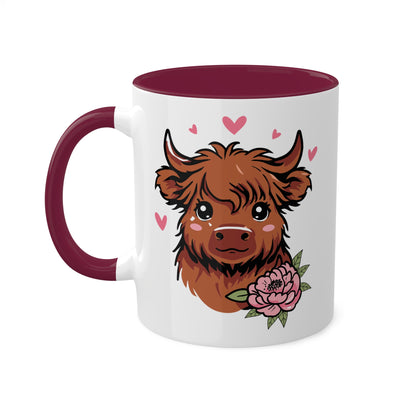 Cute Highland Cow With Flower and Pink Hearts - 11oz Colorful Mug