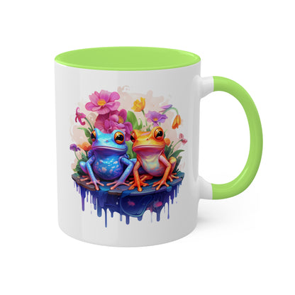 Cute Little Frogs Sitting With Pretty Flowers - 11oz Colorful & Fun Mug