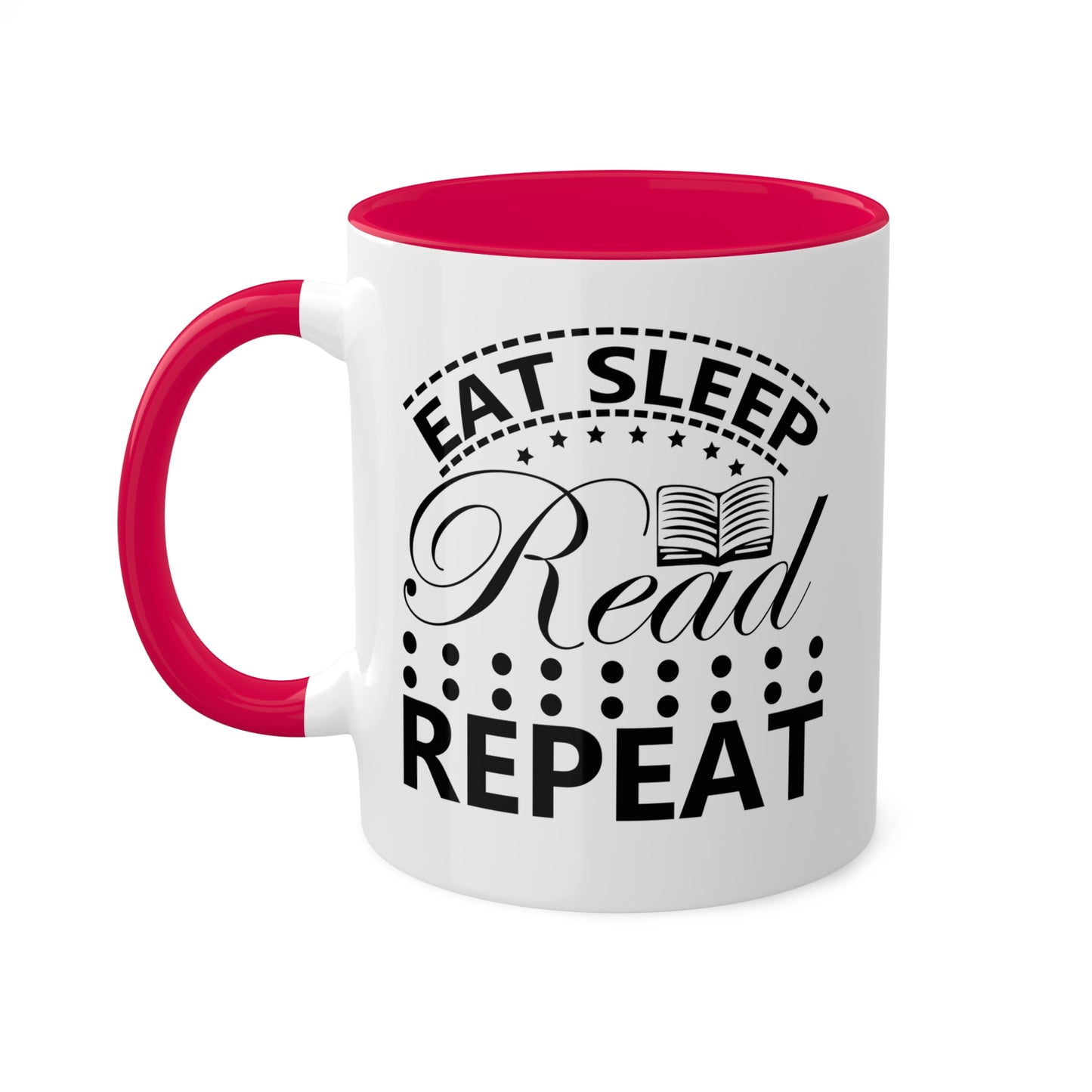 Taza divertida y colorida de 11 oz que dice "Come, duerme, lee y repite"