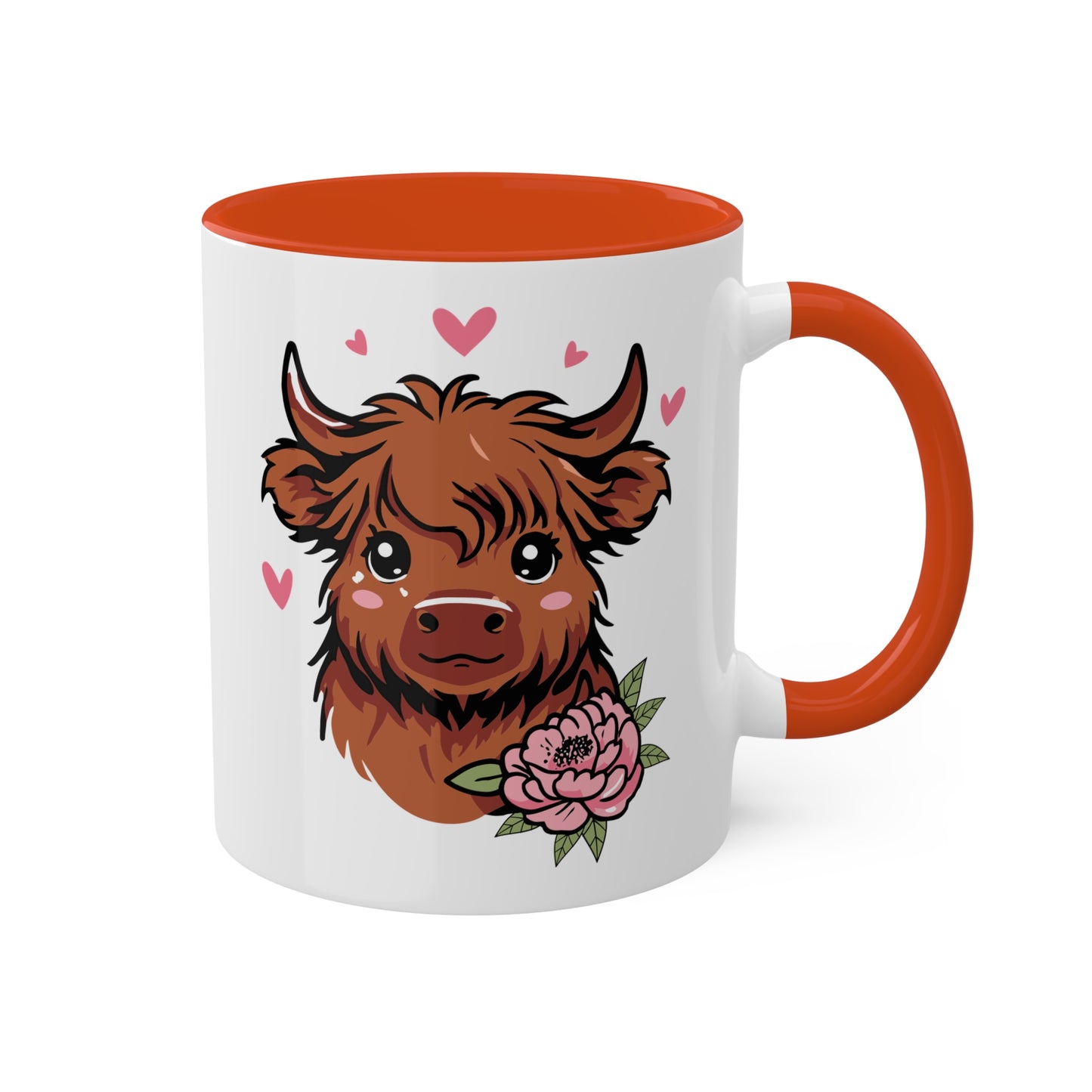 Cute Highland Cow With Flower and Pink Hearts - 11oz Colorful Mug