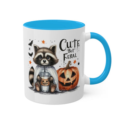 Cute But Feral - Adorable Raccoon with Latte And Pumpkin - 11oz Colorful Halloween Mug