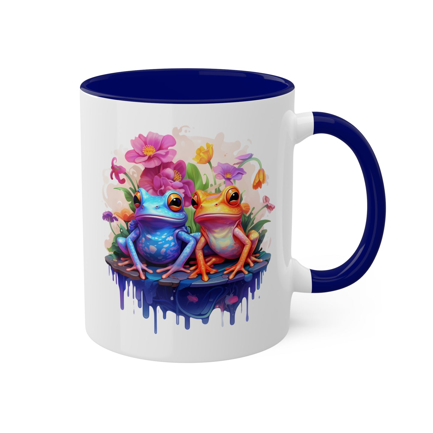 Cute Little Frogs Sitting With Pretty Flowers - 11oz Colorful & Fun Mug