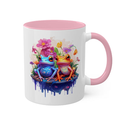 Cute Little Frogs Sitting With Pretty Flowers - 11oz Colorful & Fun Mug