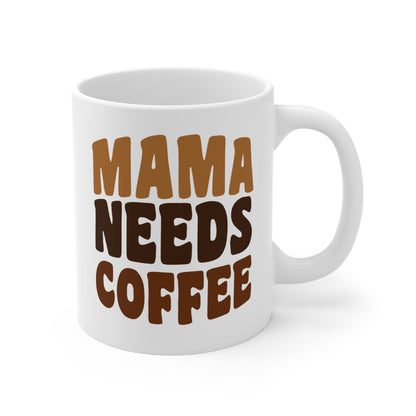 Taza de café estilo retro de 11 oz con texto "Mamá necesita café"