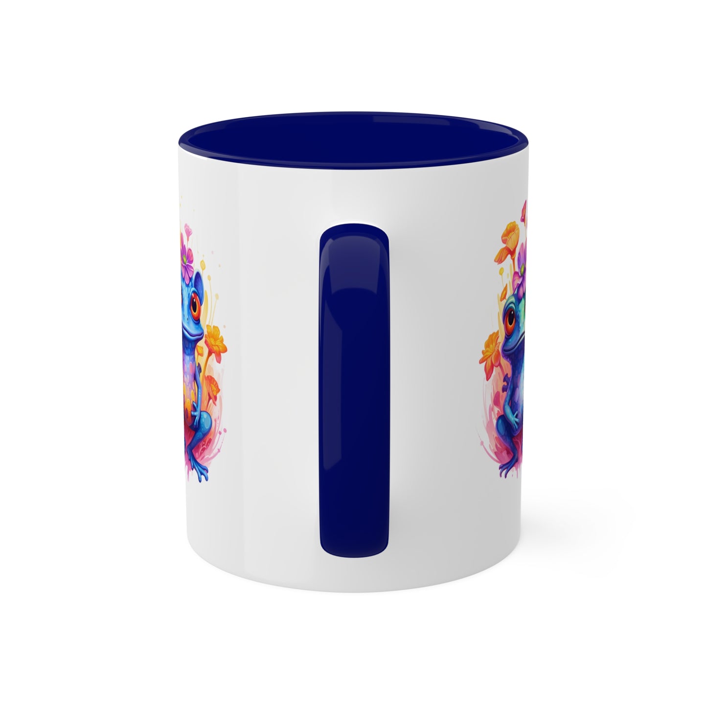 Two Cute Blue Little Frogs With Flowers - 11 oz Colorful Coffee Mug