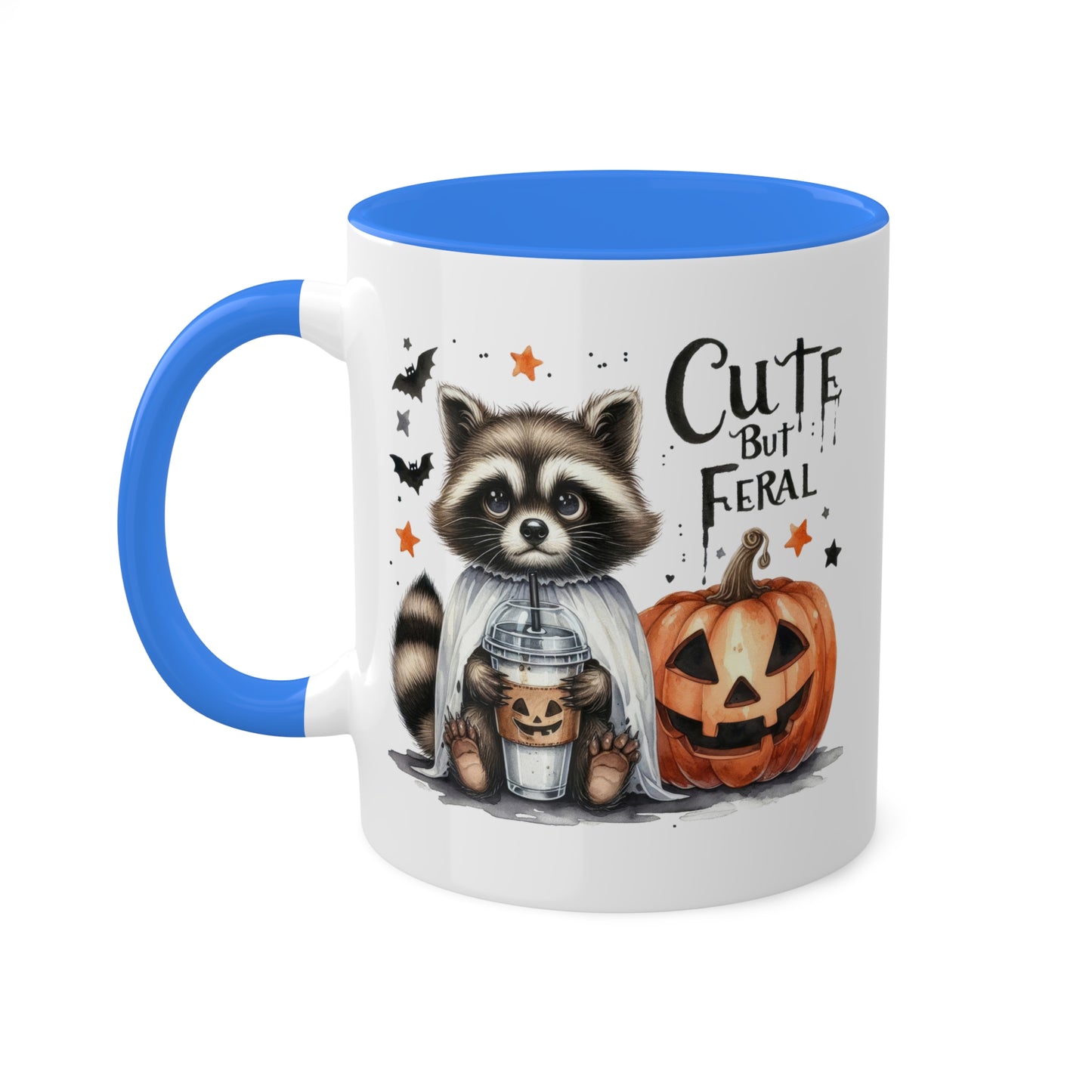 Cute But Feral - Adorable Raccoon with Latte And Pumpkin - 11oz Colorful Halloween Mug